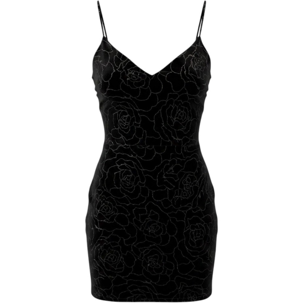 Black Velvet Dress Womens Small Glitter‎ Rose Bodycon Mini Spaghetti Strappy LBD